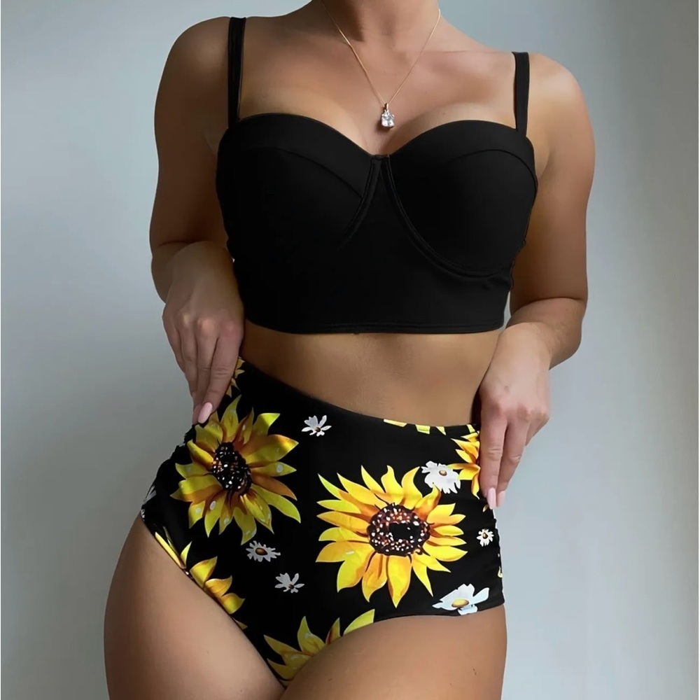 Sunflower Print Push Up High Waisted Bikini Set
